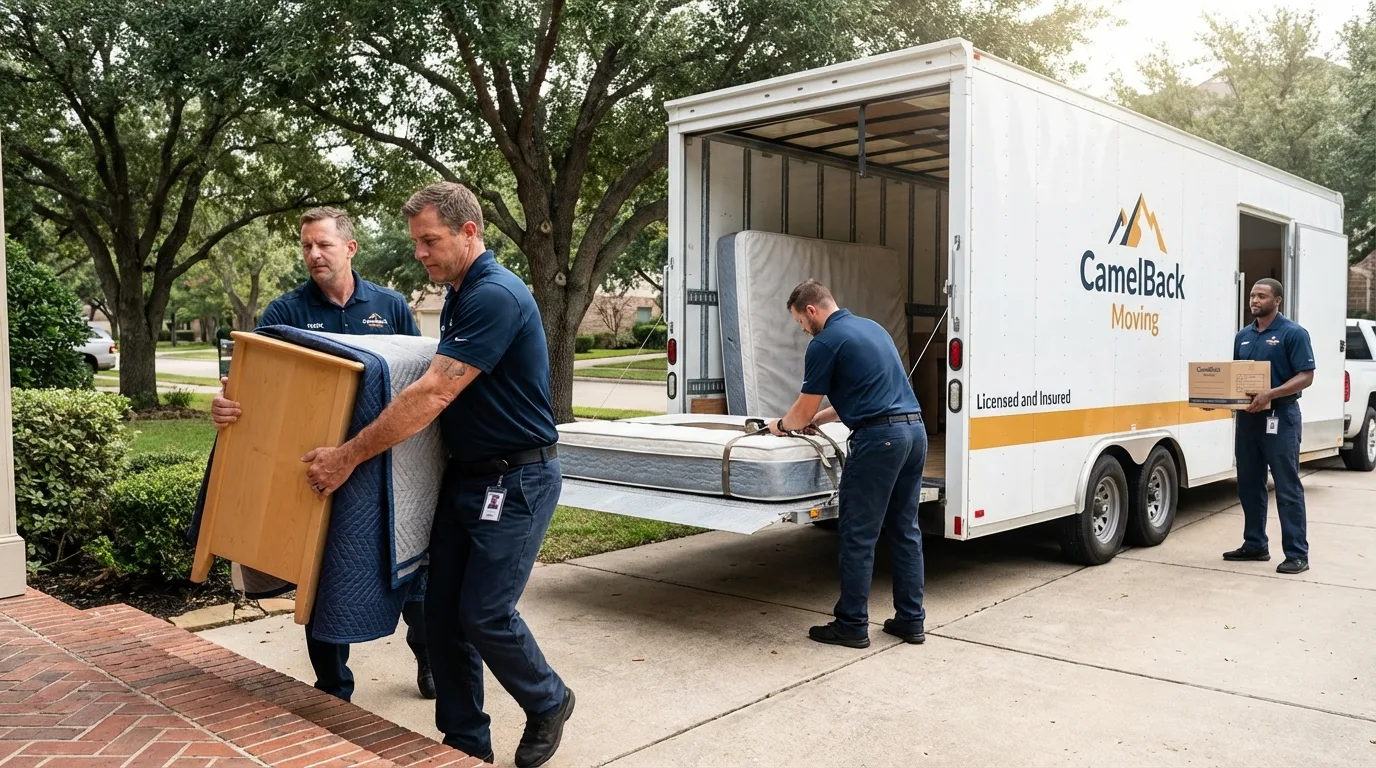 Crew loading residential truck for cross-state move from Hicksville, NY