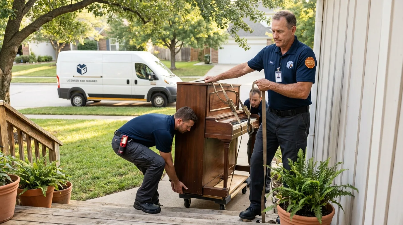 Licensed piano movers securing grand piano in Hicksville, NY