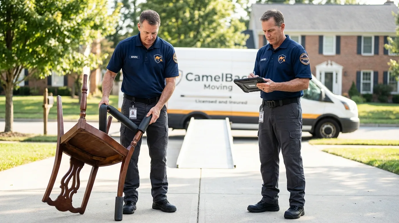Movers inspecting furniture for damage prevention before loading in Hicksville, NY