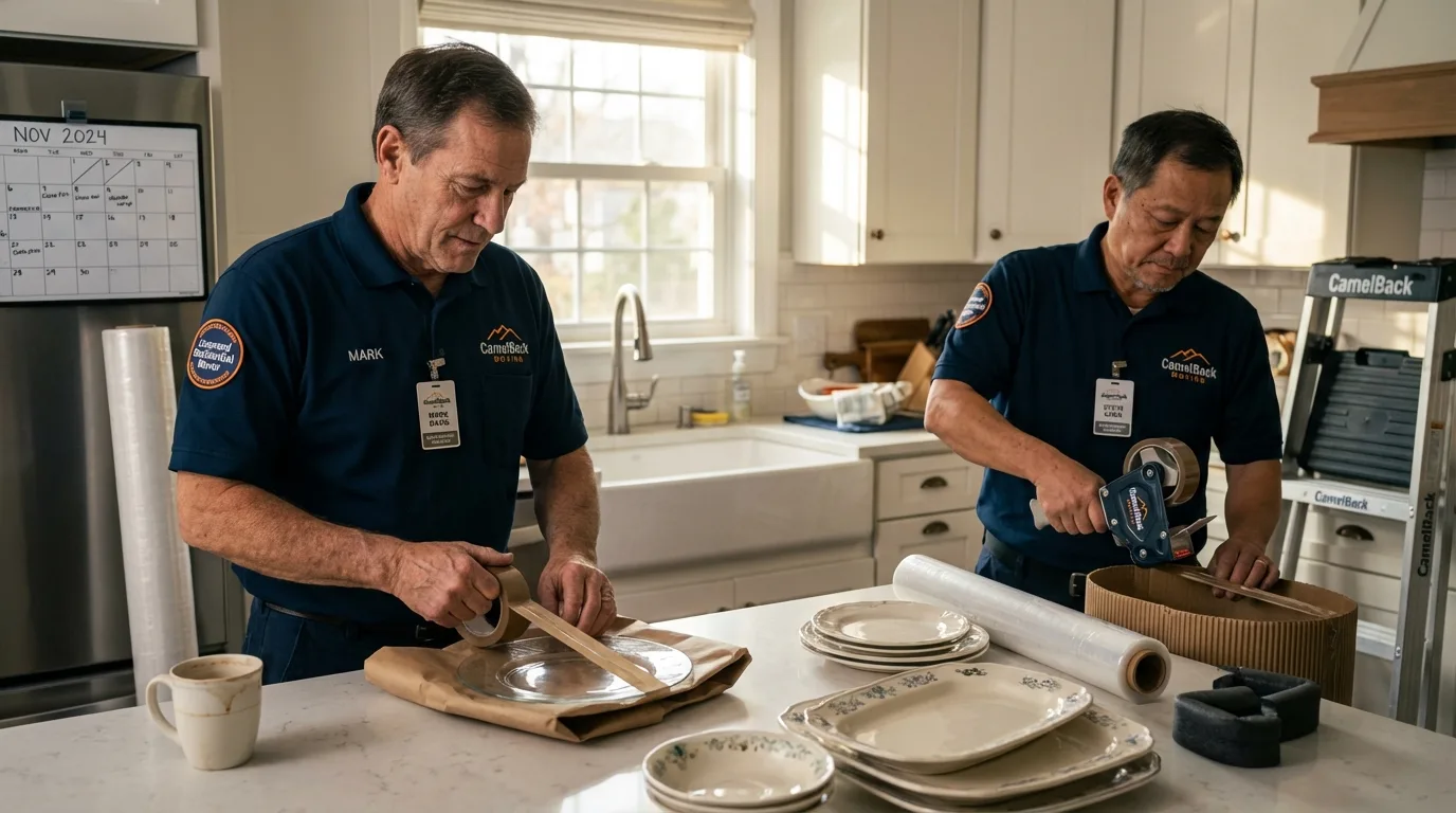 Professional crew packing kitchen dishware in Hicksville, NY